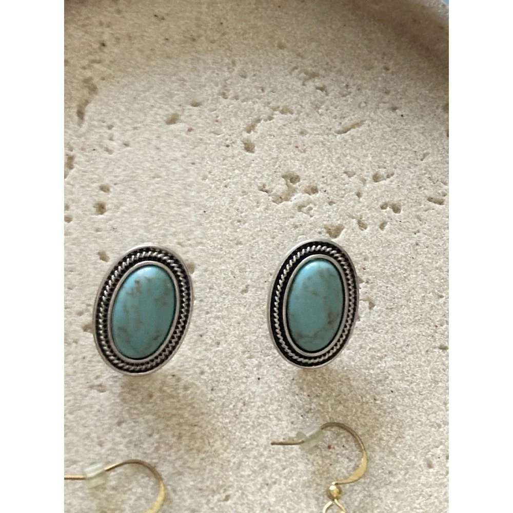 Teal‎ Blue Earrings Set Of 3 Pair Stud Drop Dangle Boho Southwestern Style Artsy